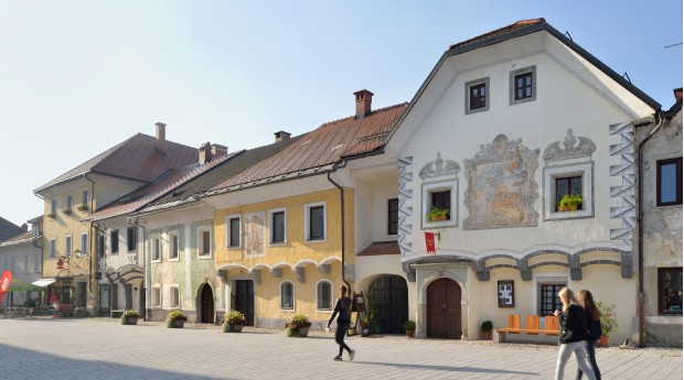 Late Gothic facade of Sivic’s House in Radovljica, a 16th-century bourgeois home now housing an art gallery