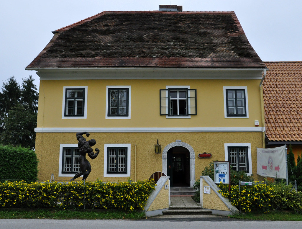 Front view of Arnold Schwarzenegger’s childhood home, now a museum in Thal
