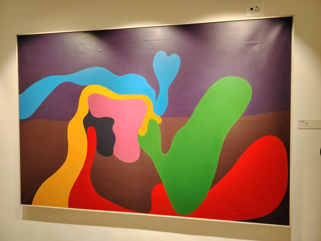 Large colorful abstract painting by Andrej Jemec displayed in Pilon Gallery Ajdovščina
