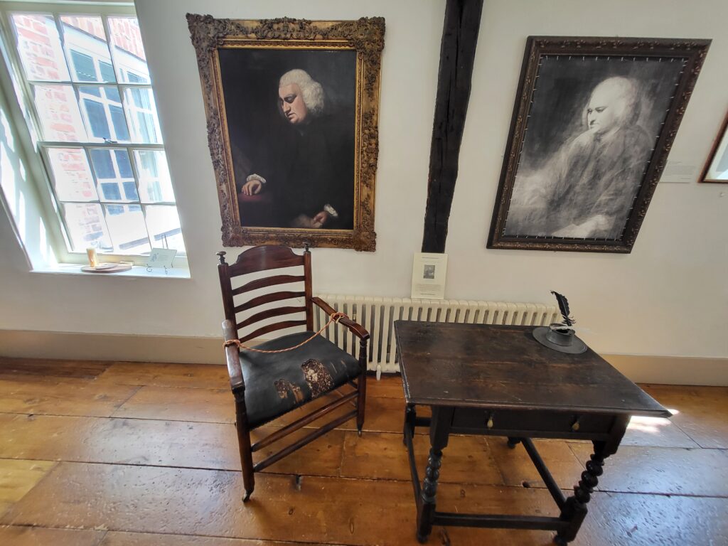 Wooden desk and worn leather chair used by Samuel Johnson in Dr Johnson’s House London