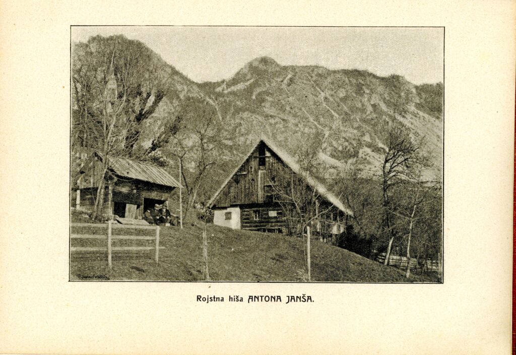 Historic photograph showing Anton Janša’s former birth house and apiary in Breznica